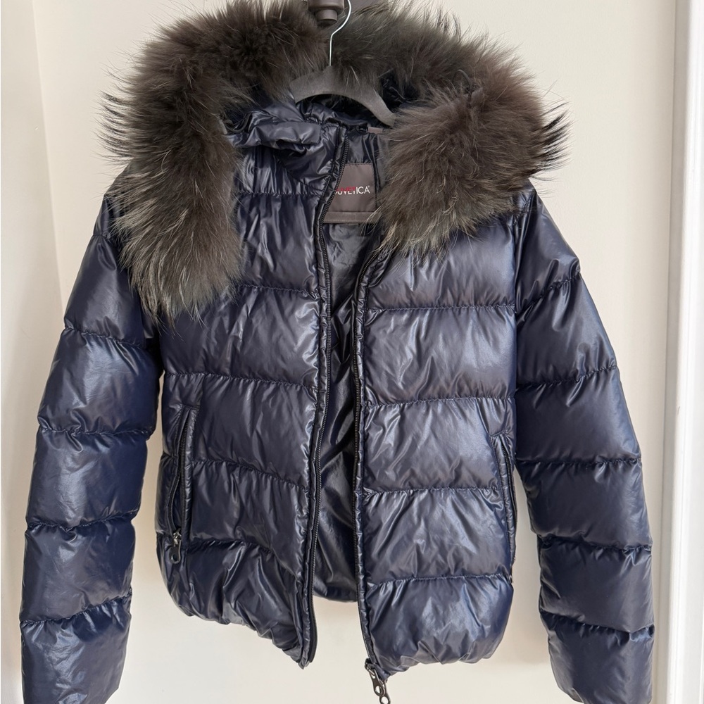 Duvetica Women Navy Puffer Jacket with Faux Fur Hood